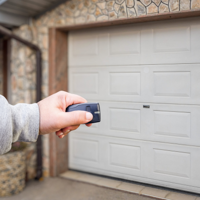 Oakland security key fob pointing to a garage door