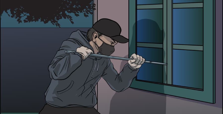 Illustration of burglar forcing entry through a window in Oakland